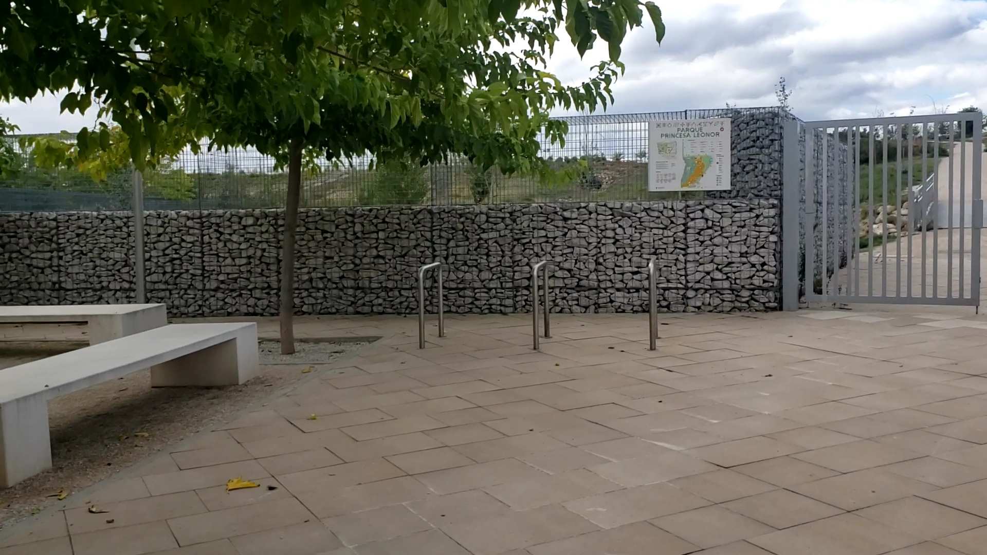 A tree and bench in front of a stone wall.