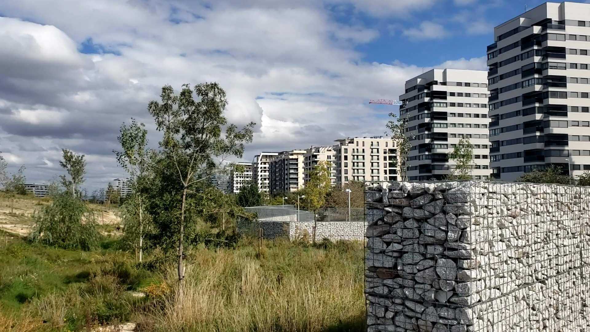 A view of some buildings and trees from the ground.