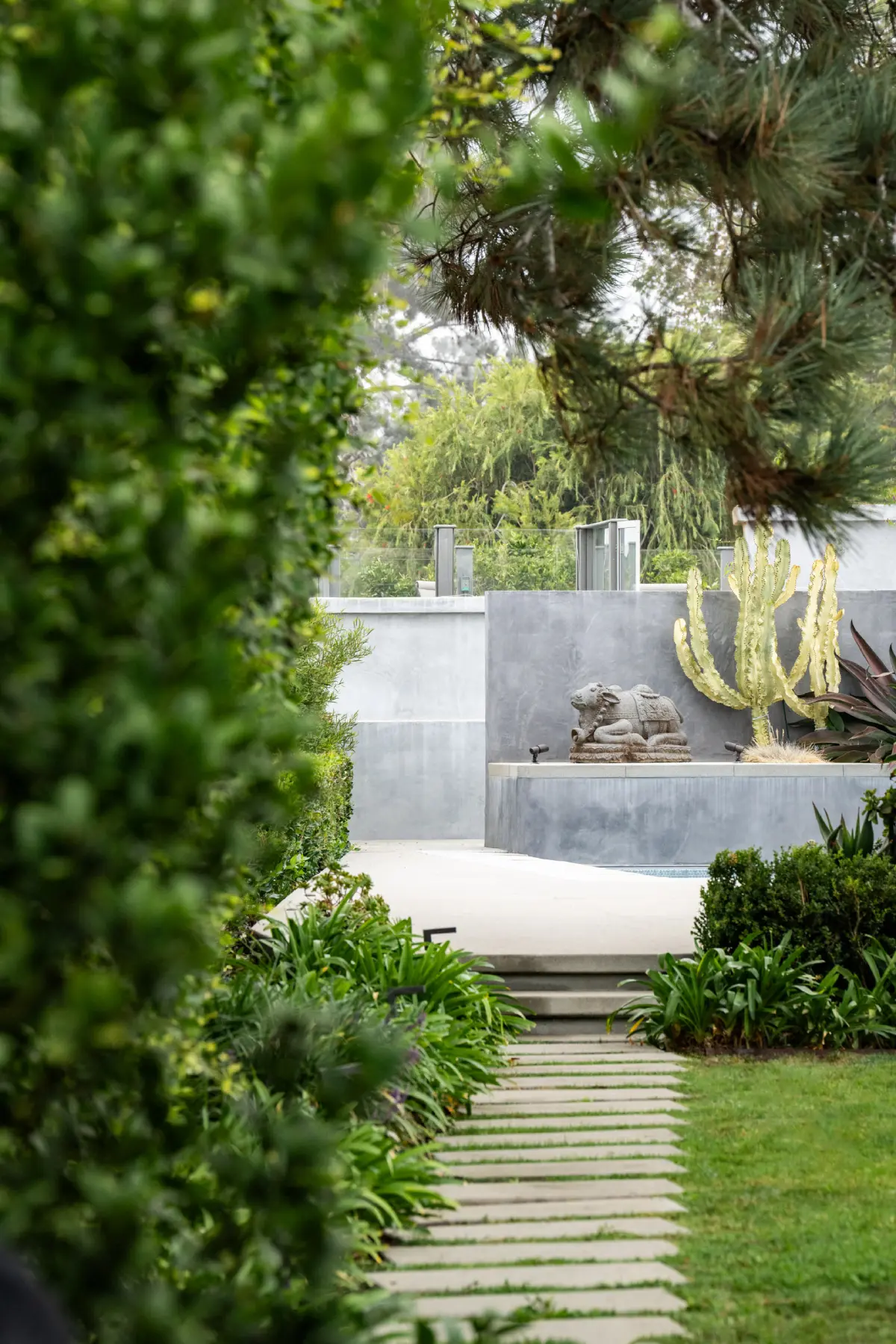 A cat sitting on the ground in front of some bushes.