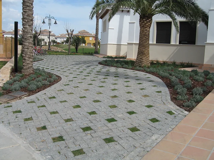 A walkway with grass growing on the side of it.