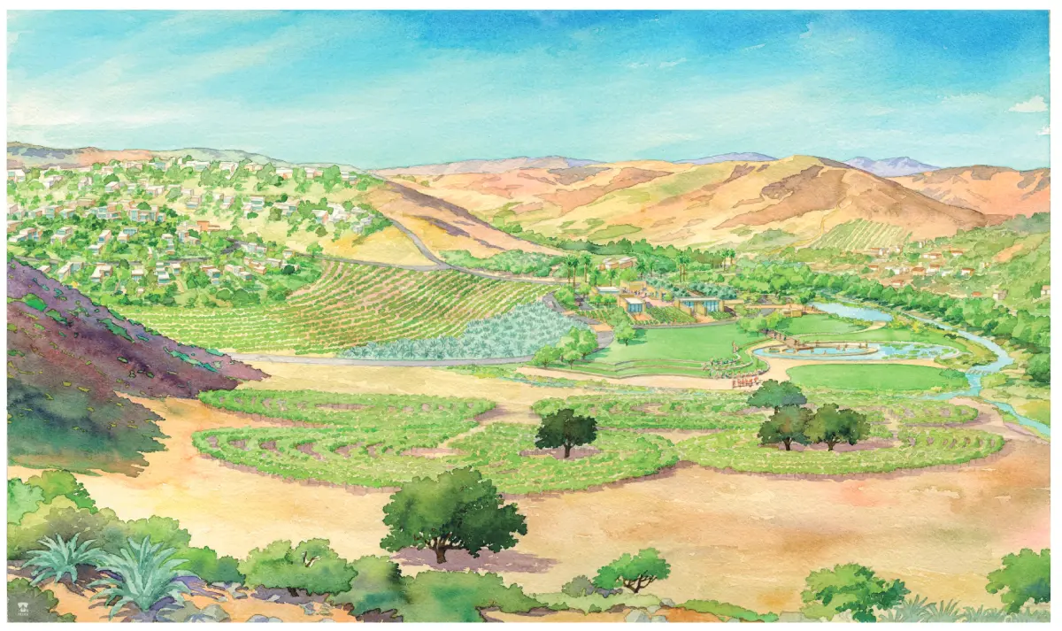 A painting of a valley with trees and water