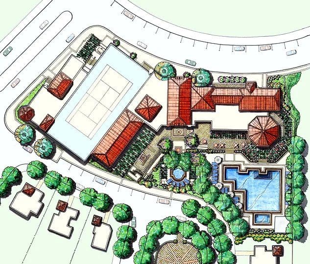 A drawing of an aerial view of a resort.
