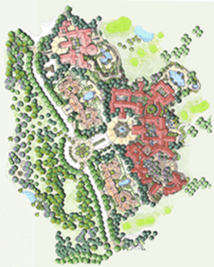 A map of the resort area with many trees.