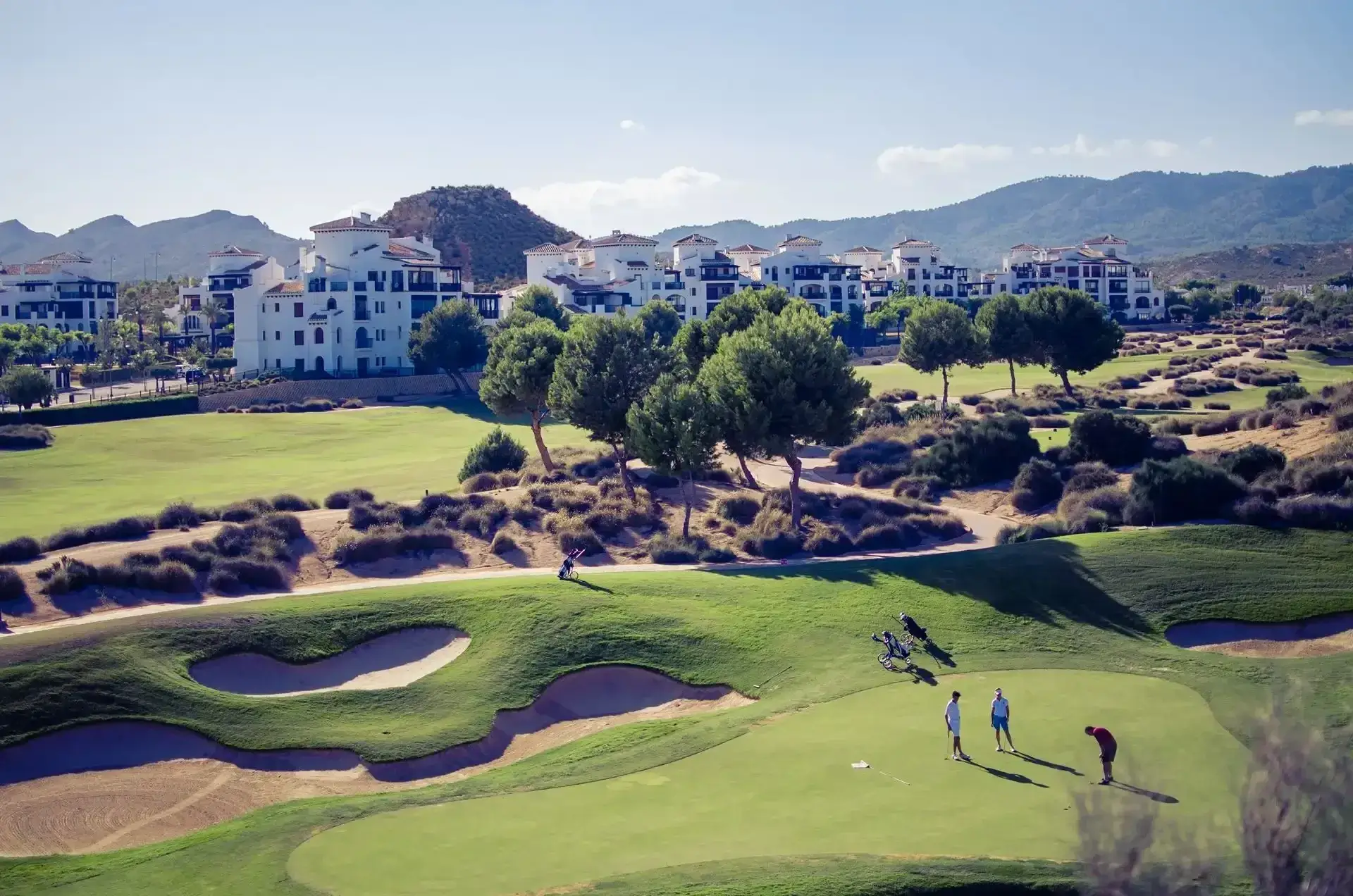 Golfers on lush course with mountain backdrop.