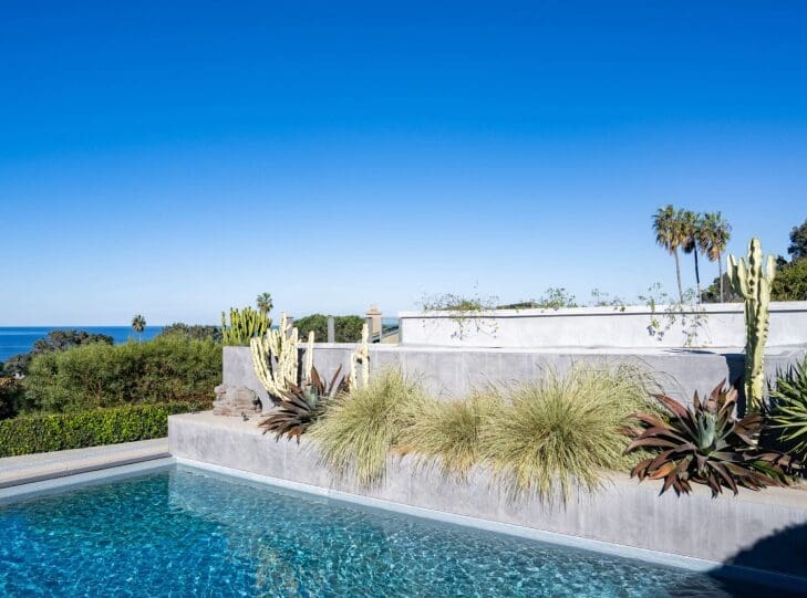 Ocean view with pool and desert plants.