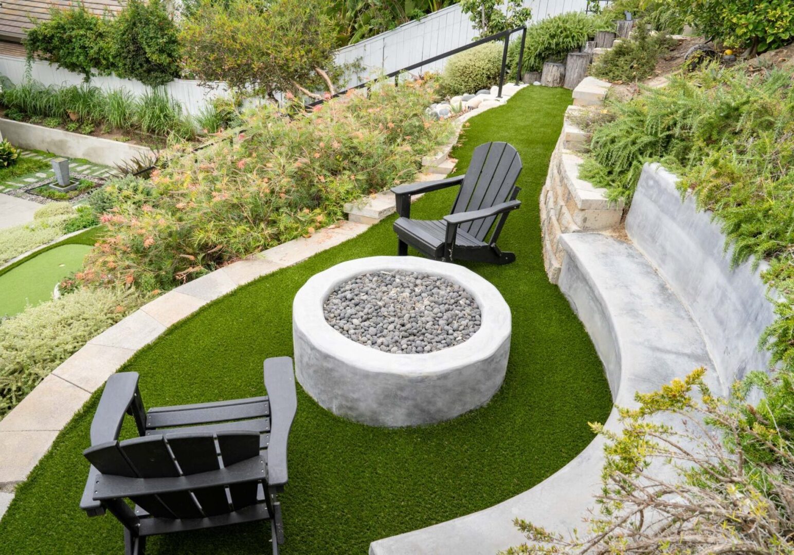 A fire pit sitting on top of artificial grass.