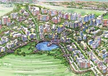 A drawing of an aerial view of a city.